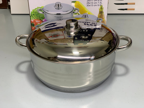 6 Pieces Cookware Set Stainless Steel 6L, 7.5L and 9L Casseroles