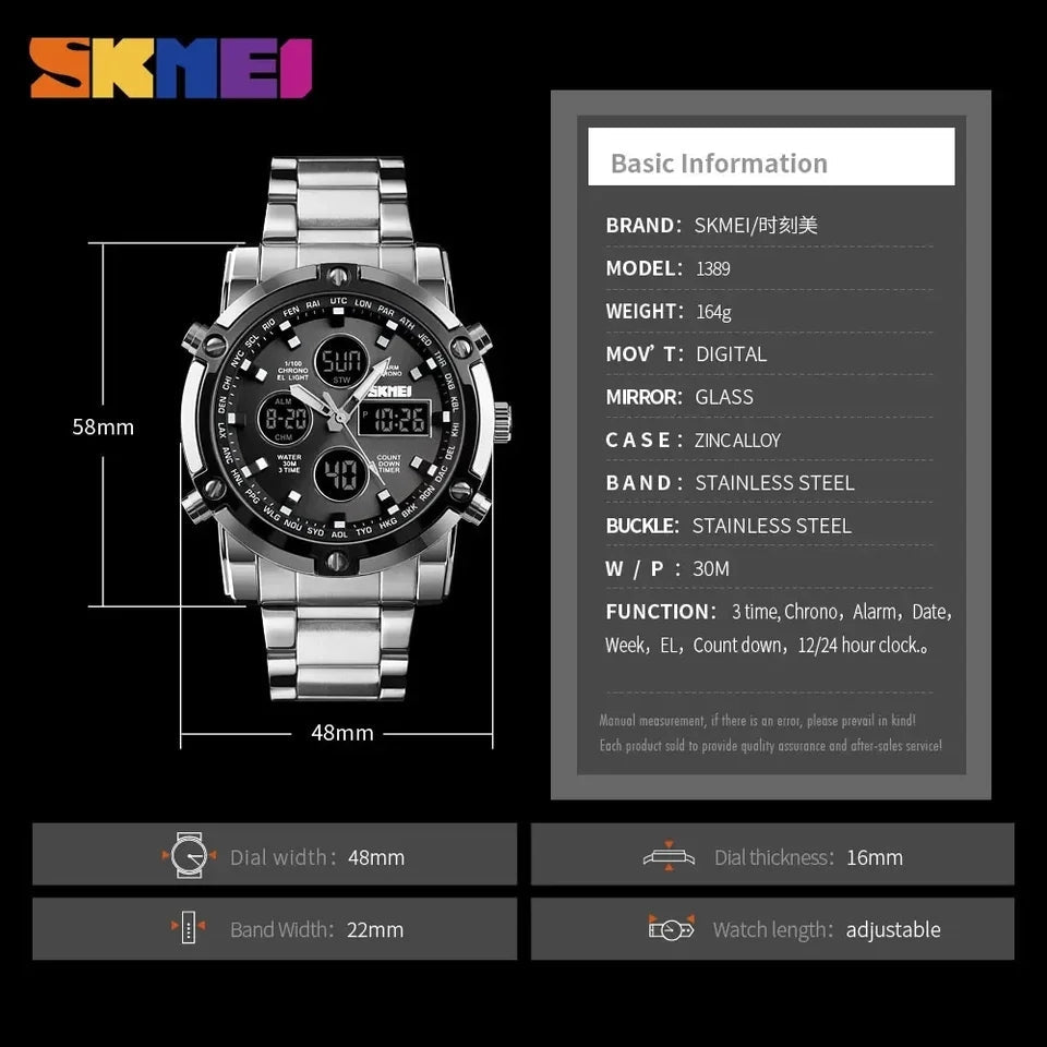 SKMEI 1389 Dual Time Stainless Steel Quartz Waterproof Watch