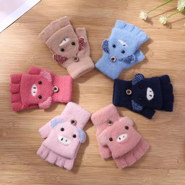 Cartoon Kids Flip Top Fingerless Gloves Convertible Mittens Winter Warm