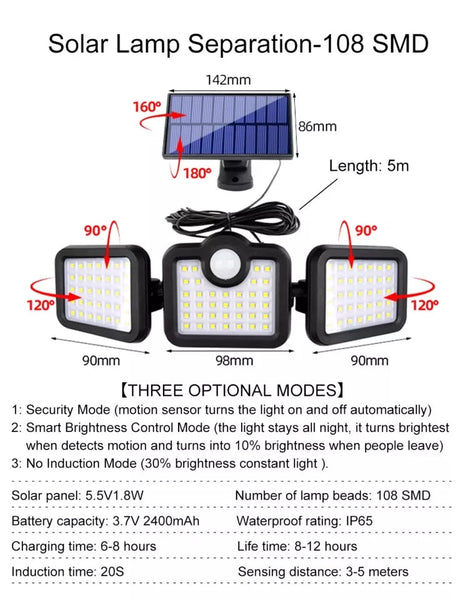 Triple Head Outdoor Waterproof Solar Motion Sensor Light