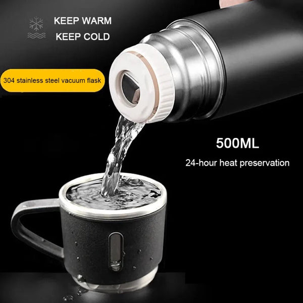 Stainless Steel Vacuum Flask Hot & Cold Thermos Bottle With 3 Cups