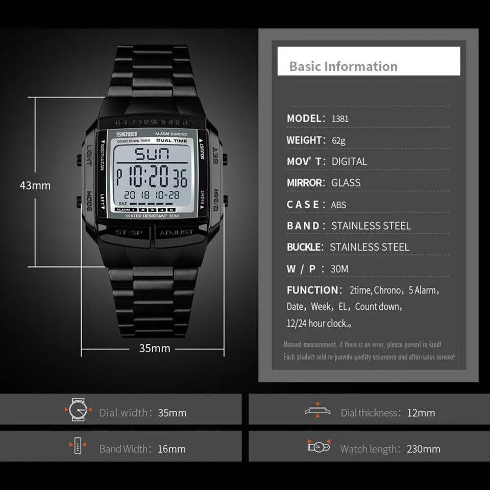 SKMEI 1381 Sports Fashion Digital Waterproof Stainless Steel Watches for Men
