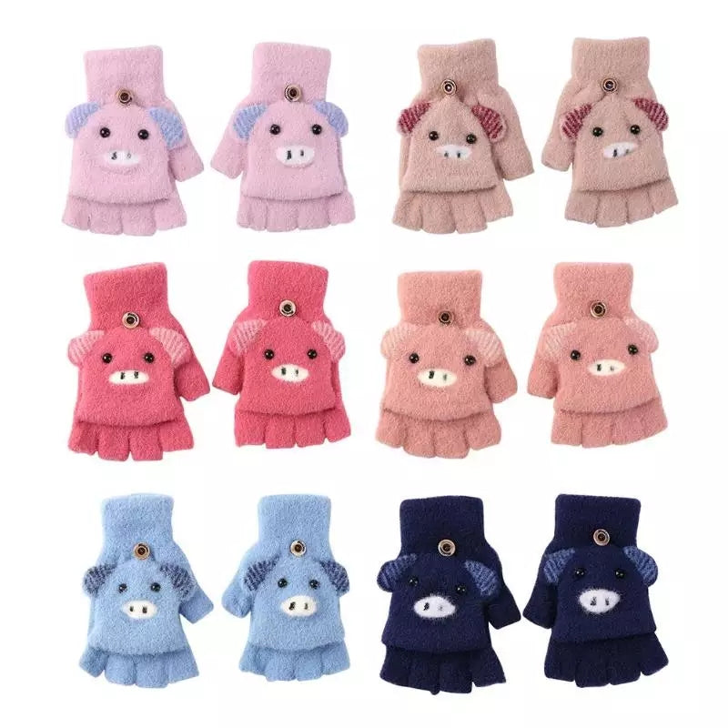 Cartoon Kids Flip Top Fingerless Gloves Convertible Mittens Winter Warm