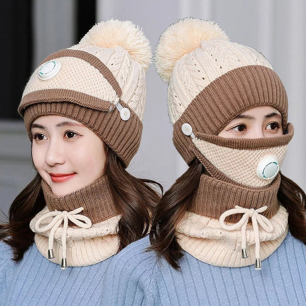 3PCS Womens Winter Warm Scarf Knitted Hat Mask with Filter Set Fashion Thickened Face Cover Outdoor UV Protection