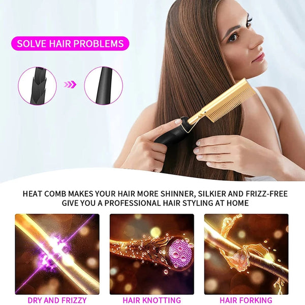 Hot Comb Hair Straightener Heat Pressing Comb, Portable Travel Anti-Scald Straightener Press Comb