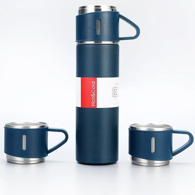 Stainless Steel Vacuum Flask Hot & Cold Thermos Bottle With 3 Cups