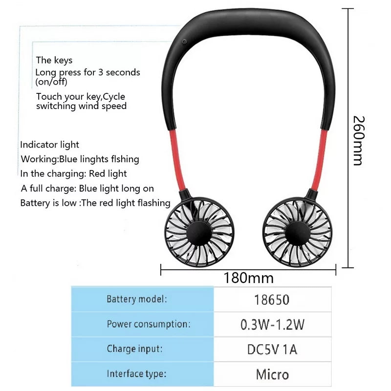 Rechargeable Portable Hanging Neck Fan 360 Degree Rotation