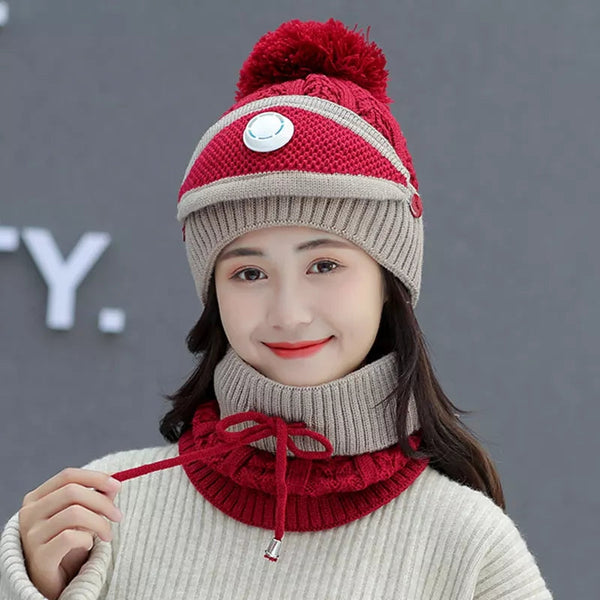 3PCS Womens Winter Warm Scarf Knitted Hat Mask with Filter Set Fashion Thickened Face Cover Outdoor UV Protection