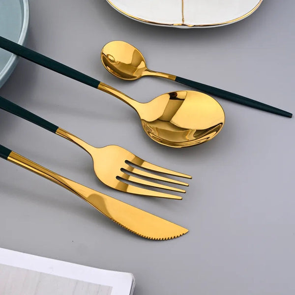 24 Pcs Premium Stainless Steel Dining Cutlery Set Golden Black