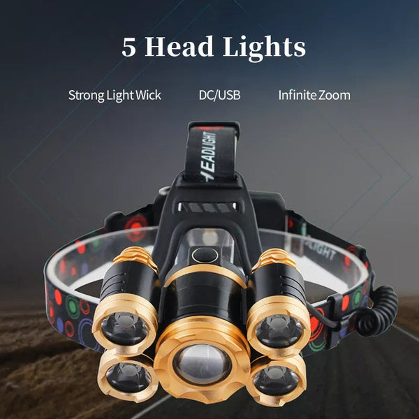 Five Headlights Strong Headlamp Light, Super Bright Rechargeable Long Shot Super Bright Head-Mounted LED Miners Lamp Flashlight