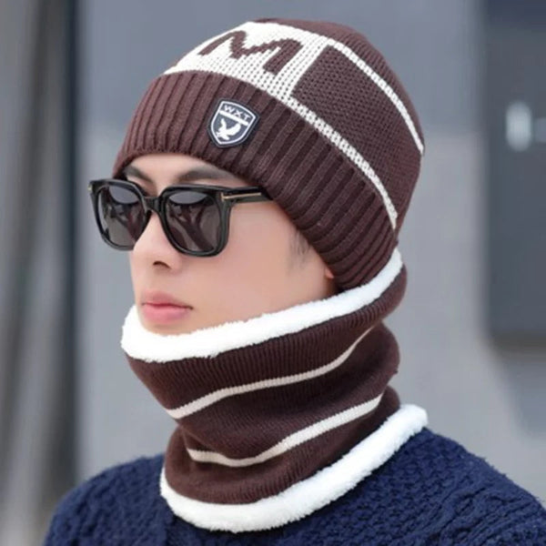 Men's New Fashion Winter Warm Beanie Hats And Scarf Set, Knitted Skull Cap Neck Warmer