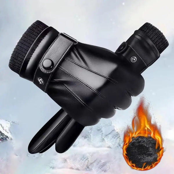 Warm Winter Gloves Men's PU Leather Touch Screen Thick Fleece Windproof Thermal Gloves