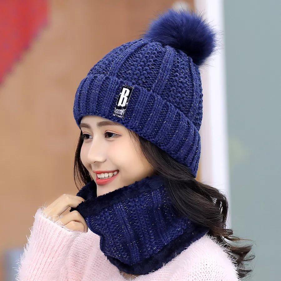 2 Pcs Branded Beanie Hat Scarf Set Women's Winter Warm Knitted with Fleece Lining