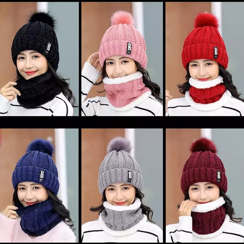 2 Pcs Branded Beanie Hat Scarf Set Women's Winter Warm Knitted with Fleece Lining