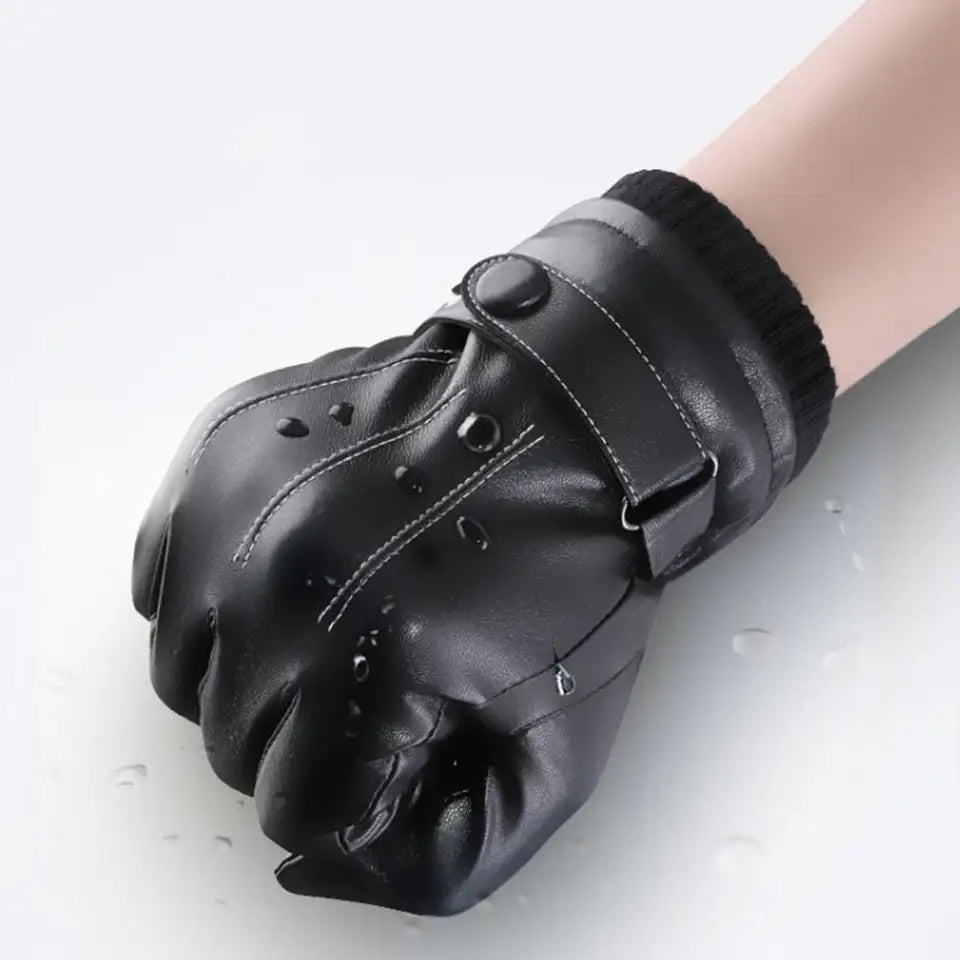 Warm Winter Gloves Men's PU Leather Touch Screen Thick Fleece Windproof Thermal Gloves