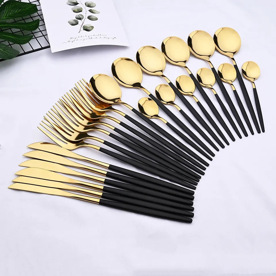 24 Pcs Premium Stainless Steel Dining Cutlery Set Golden Black