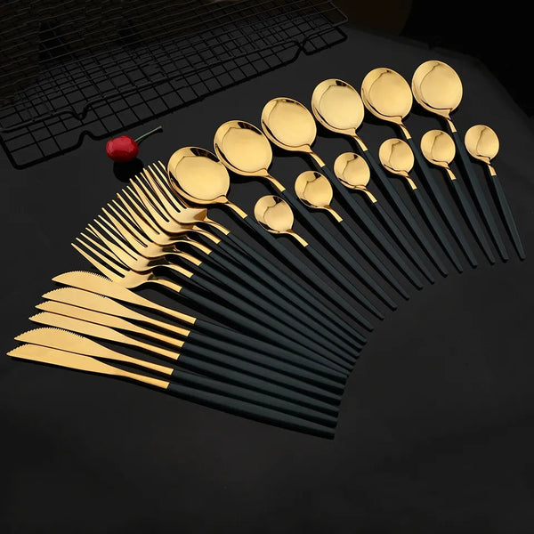 24 Pcs Premium Stainless Steel Dining Cutlery Set Golden Black