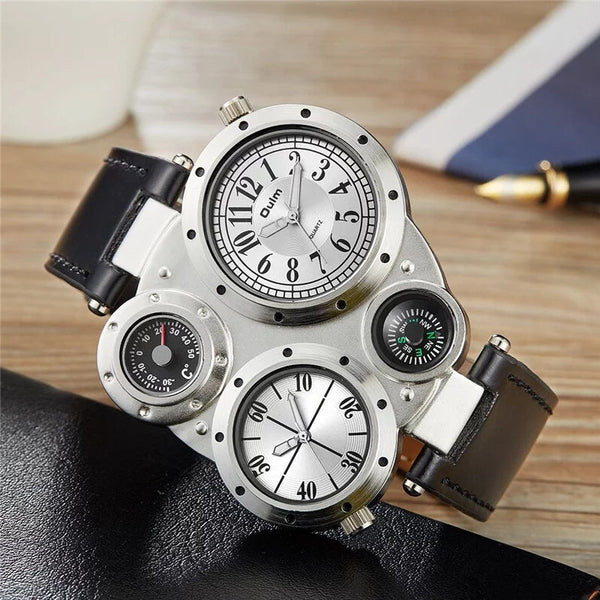 Oulm Multi-Time Zone Leather Strap Men’s Watch