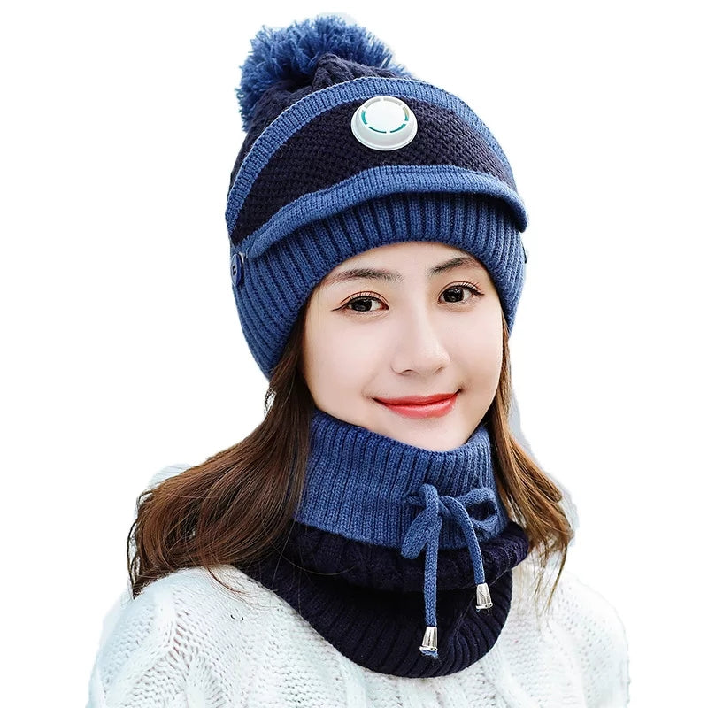 3PCS Womens Winter Warm Scarf Knitted Hat Mask with Filter Set Fashion Thickened Face Cover Outdoor UV Protection