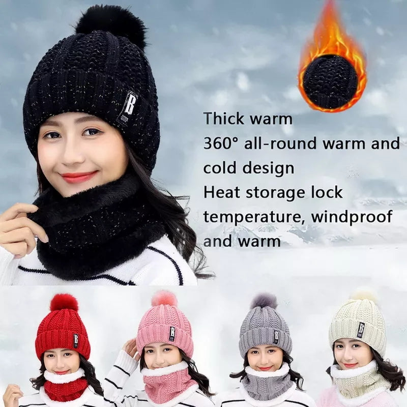 2 Pcs Branded Beanie Hat Scarf Set Women's Winter Warm Knitted with Fleece Lining