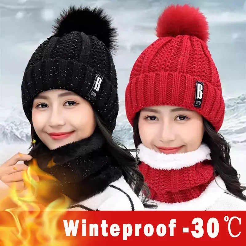 2 Pcs Branded Beanie Hat Scarf Set Women's Winter Warm Knitted with Fleece Lining