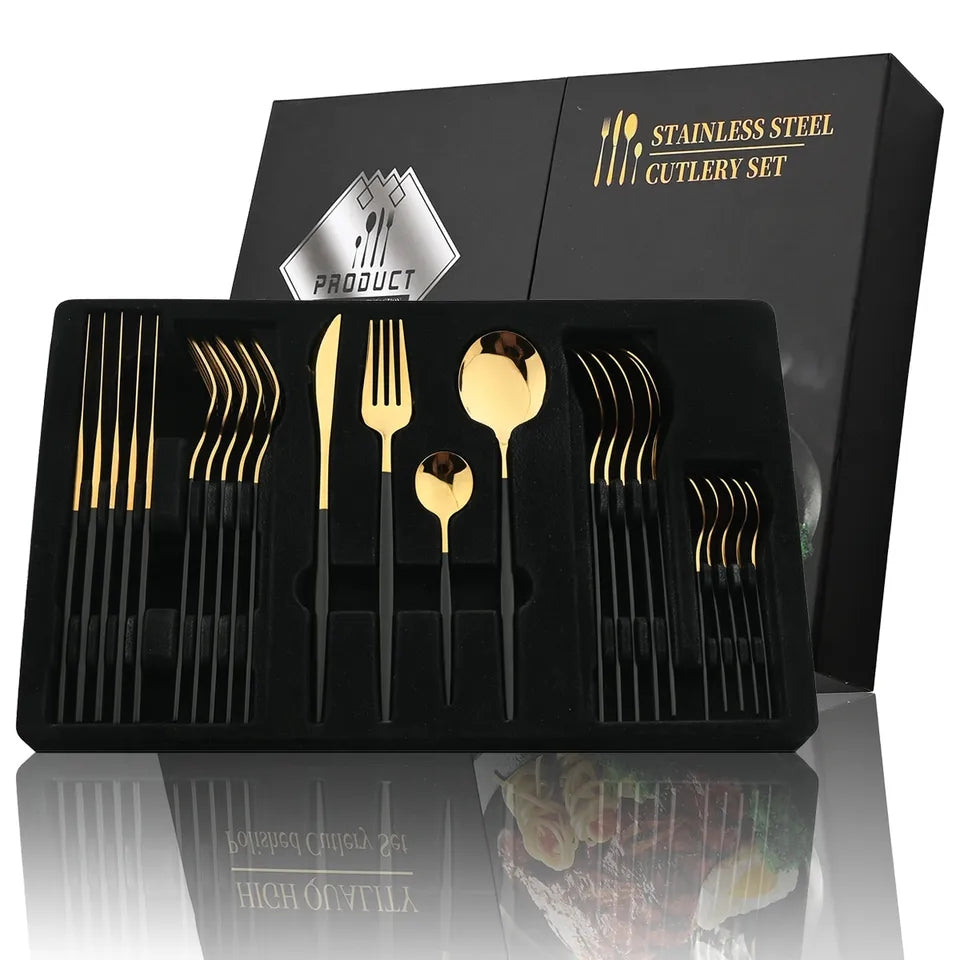 24 Pcs Premium Stainless Steel Dining Cutlery Set Golden Black