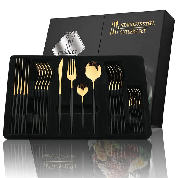 24 Pcs Premium Stainless Steel Dining Cutlery Set Golden Black