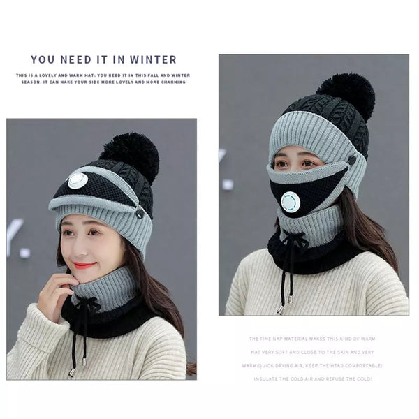 3PCS Womens Winter Warm Scarf Knitted Hat Mask with Filter Set Fashion Thickened Face Cover Outdoor UV Protection