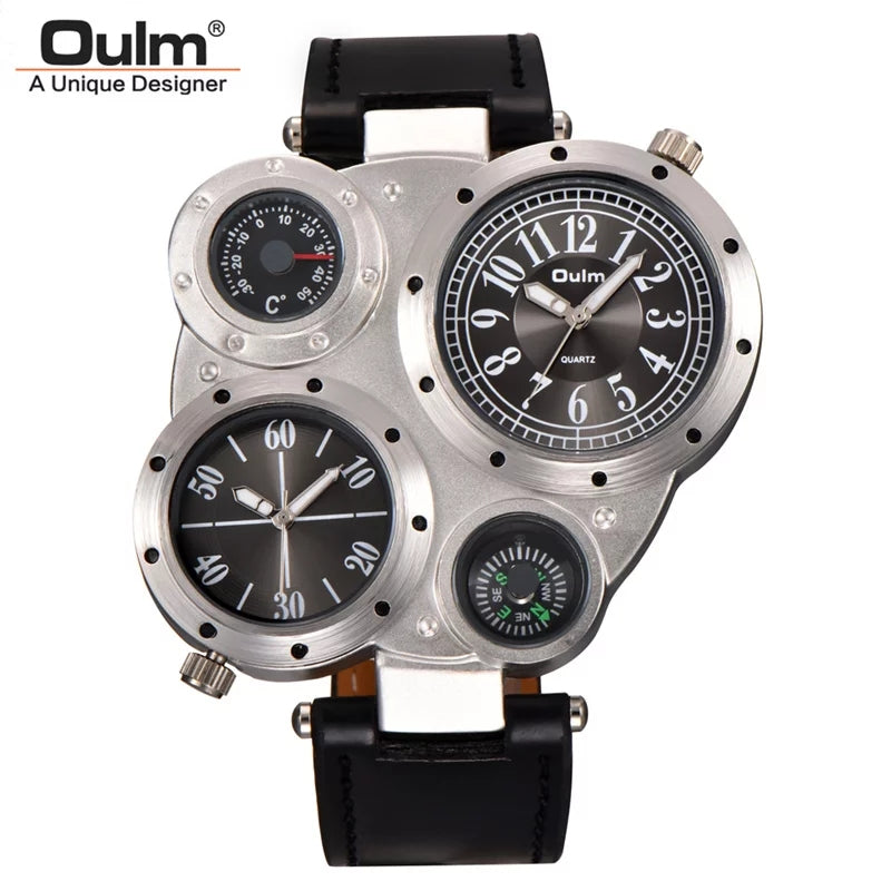 Oulm Multi-Time Zone Leather Strap Men’s Watch