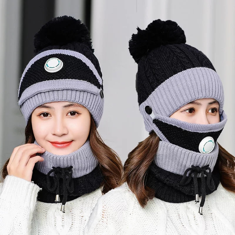 3PCS Womens Winter Warm Scarf Knitted Hat Mask with Filter Set Fashion Thickened Face Cover Outdoor UV Protection