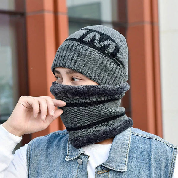 Men's New Fashion Winter Warm Beanie Hats And Scarf Set, Knitted Skull Cap Neck Warmer