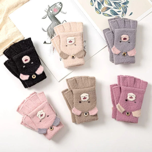 Cartoon Kids Flip Top Fingerless Gloves Convertible Mittens Winter Warm