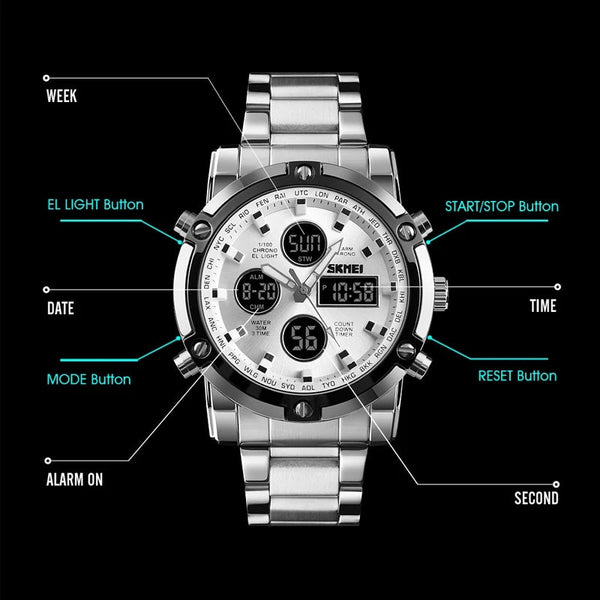 SKMEI 1389 Dual Time Stainless Steel Quartz Waterproof Watch