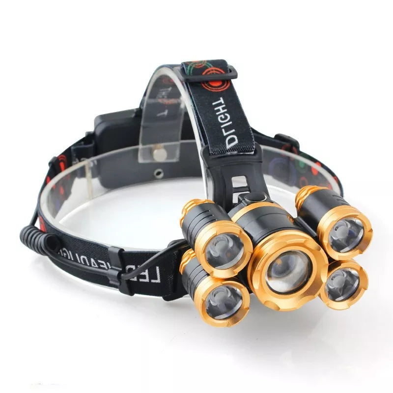 Five Headlights Strong Headlamp Light, Super Bright Rechargeable Long Shot Super Bright Head-Mounted LED Miners Lamp Flashlight