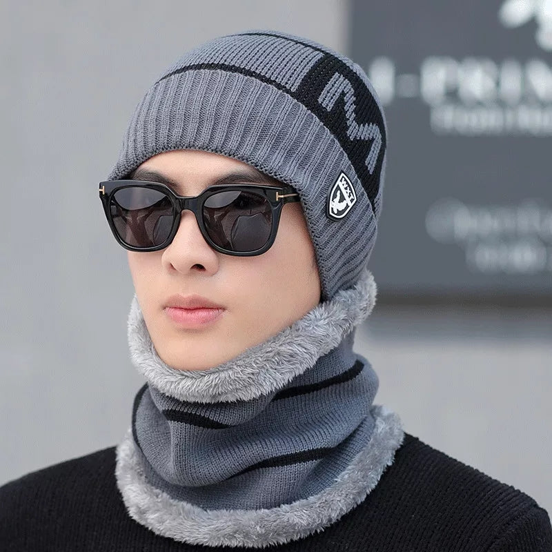 Men's New Fashion Winter Warm Beanie Hats And Scarf Set, Knitted Skull Cap Neck Warmer