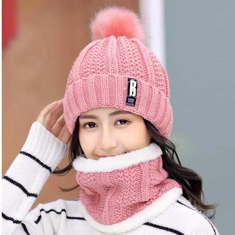 2 Pcs Branded Beanie Hat Scarf Set Women's Winter Warm Knitted with Fleece Lining