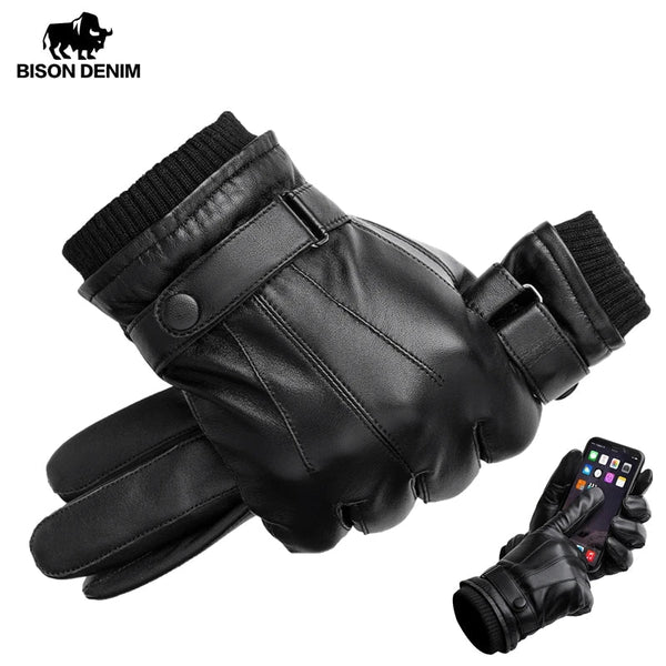 Warm Winter Gloves Men's PU Leather Touch Screen Thick Fleece Windproof Thermal Gloves