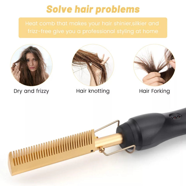 Hot Comb Hair Straightener Heat Pressing Comb, Portable Travel Anti-Scald Straightener Press Comb