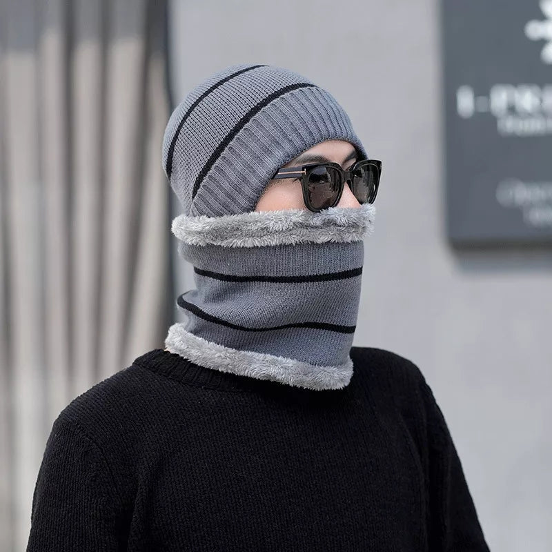 Men's New Fashion Winter Warm Beanie Hats And Scarf Set, Knitted Skull Cap Neck Warmer