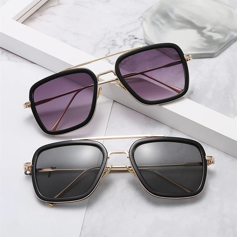 Tony Stark Sunglasses Vintage Square Metal Frame Eyewear