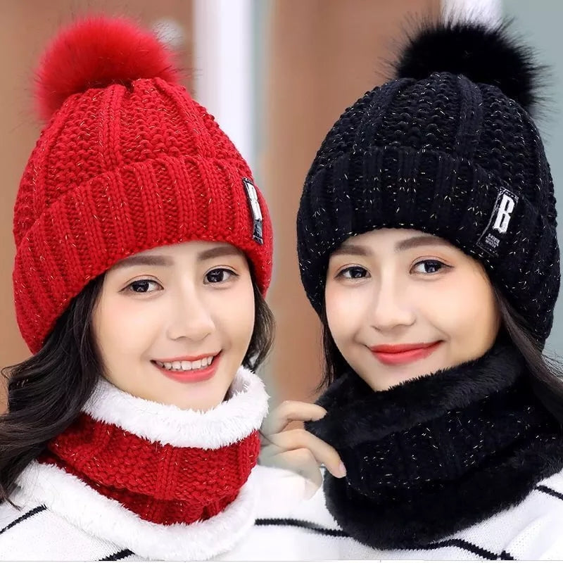 2 Pcs Branded Beanie Hat Scarf Set Women's Winter Warm Knitted with Fleece Lining