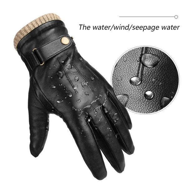 Warm Winter Gloves Men's PU Leather Touch Screen Thick Fleece Windproof Thermal Gloves