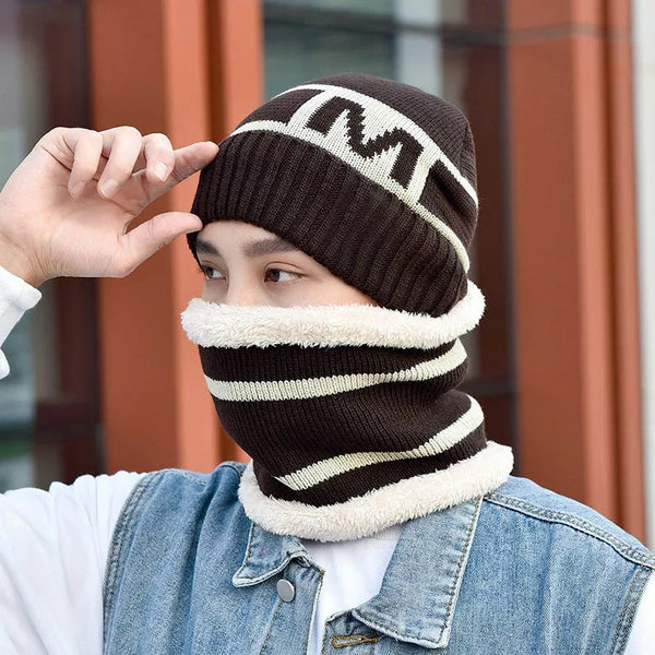 Men's New Fashion Winter Warm Beanie Hats And Scarf Set, Knitted Skull Cap Neck Warmer