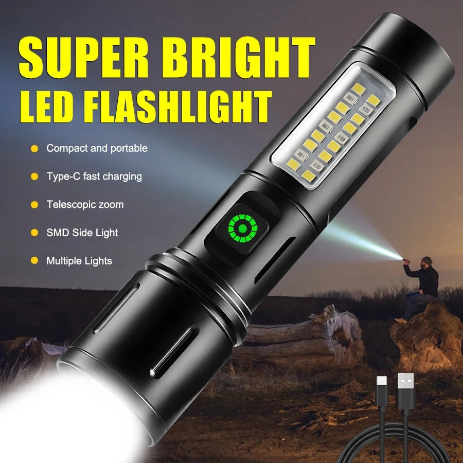 Portable Rechargeable Powerful LED Flashlight, Aluminum Alloy Zoom Flashlight