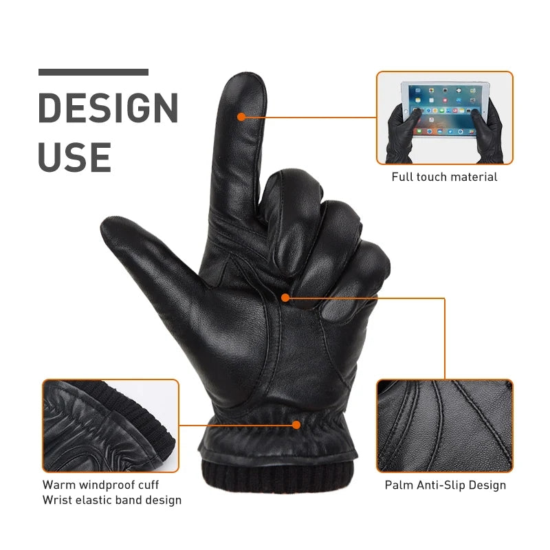 Warm Winter Gloves Men's PU Leather Touch Screen Thick Fleece Windproof Thermal Gloves