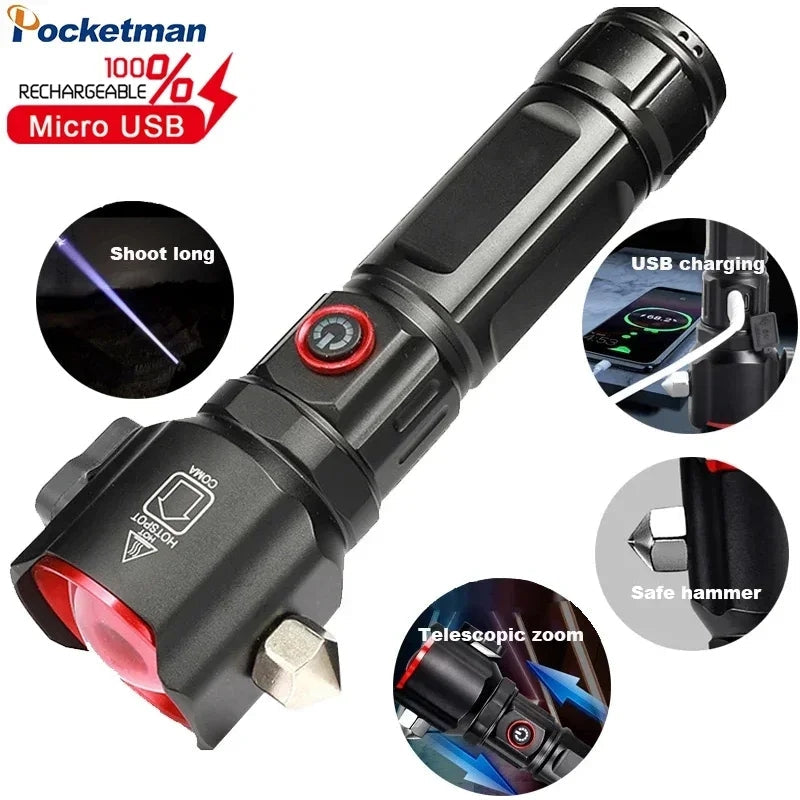 Multi-functional Rechargeable High Power LED Flashlight with Emergency Hammer