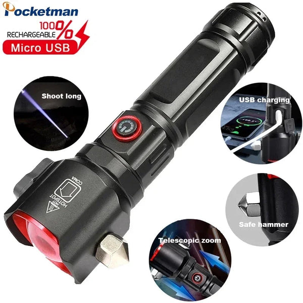 Multi-functional Rechargeable High Power LED Flashlight with Emergency Hammer