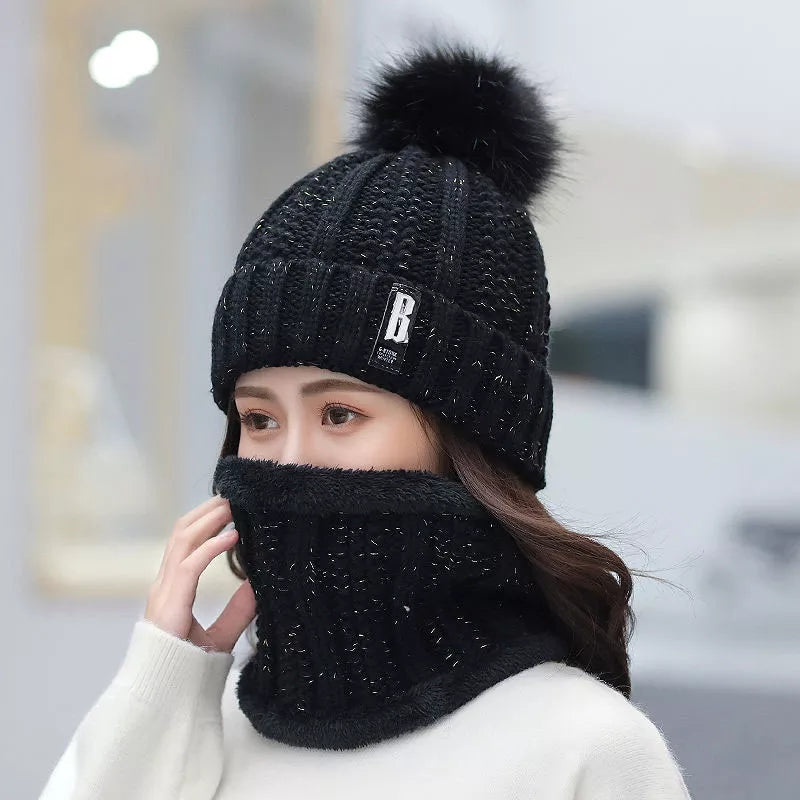 2 Pcs Branded Beanie Hat Scarf Set Women's Winter Warm Knitted with Fleece Lining