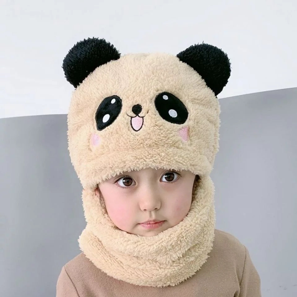 Winter Baby Cap Set Velvet Cartoon Panda Rabbit Baby Head Cover Warm Neck Collar Kids Beanies Sets Plush Children Hat Scarf