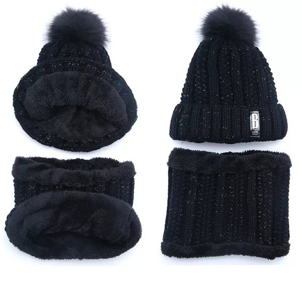 2 Pcs Branded Beanie Hat Scarf Set Women's Winter Warm Knitted with Fleece Lining